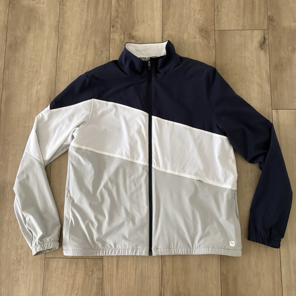 Puma Womens Golf Track Jacket Full Zip Color Block White Blue Size Large Gym